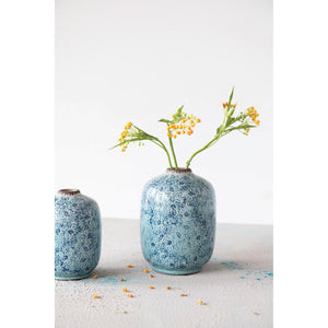 Distressed Floral Blue Vase